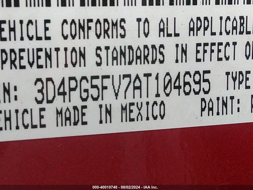 2010 Dodge Journey Sxt VIN: 3D4PG5FV7AT104695 Lot: 40010748