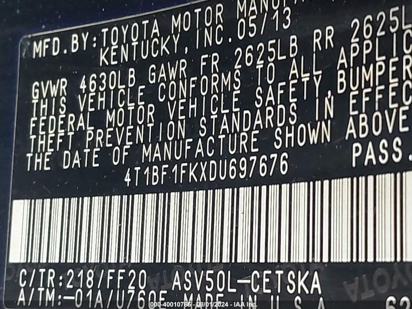 4T1BF1FKXDU697676 | 2013 TOYOTA CAMRY