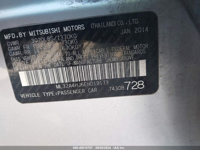 2014 Mitsubishi Mirage Es VIN: ML32A4HJ6EH019173 Lot: 40010767