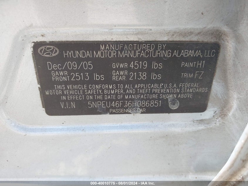 2006 HYUNDAI SONATA VIN: 5NPE24AF2HH512044