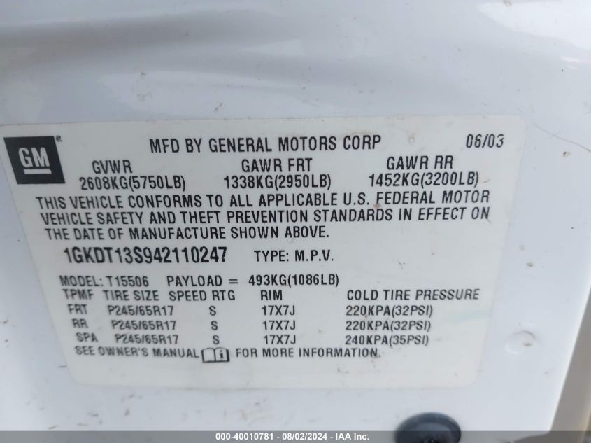 2004 GMC Envoy Sle VIN: 1GKDT13S942110247 Lot: 40010781