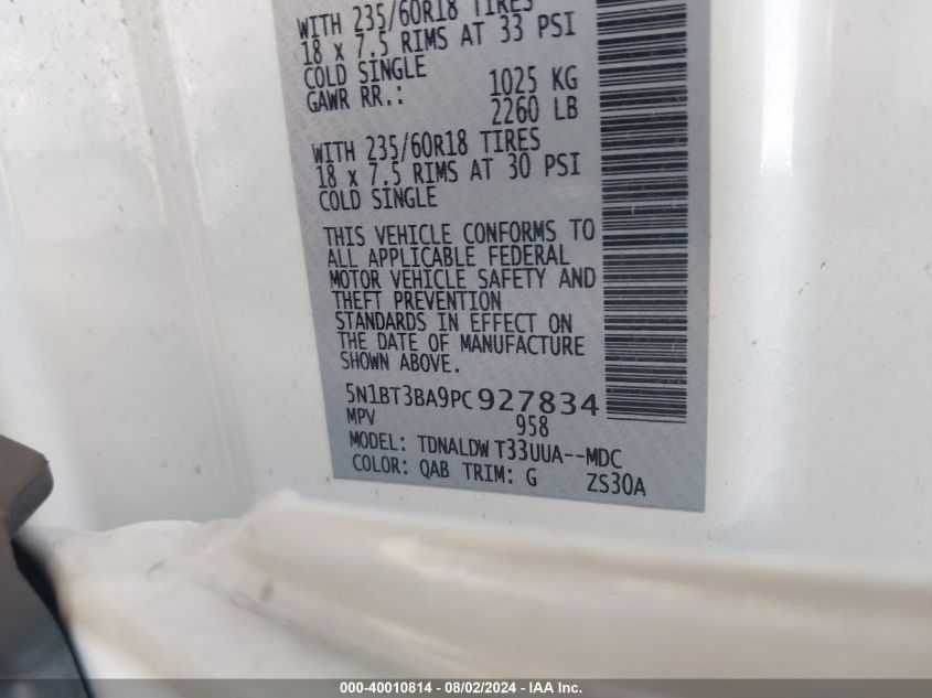 2023 Nissan Rogue Sv VIN: 5N1BT3BA9PC927834 Lot: 40010814