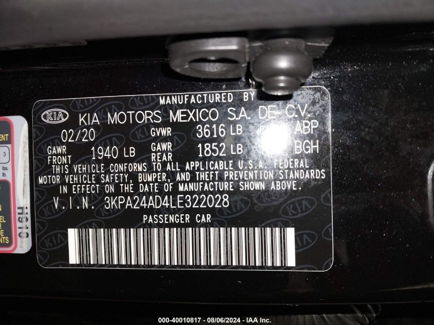 2020 Kia Rio S VIN: 3KPA24AD4LE322028 Lot: 40010817