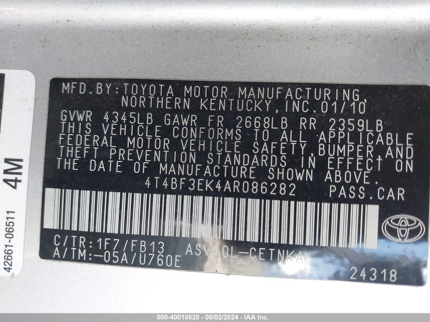 2010 Toyota Camry Se/Le/Xle VIN: 4T4BF3EK4AR086282 Lot: 40010828