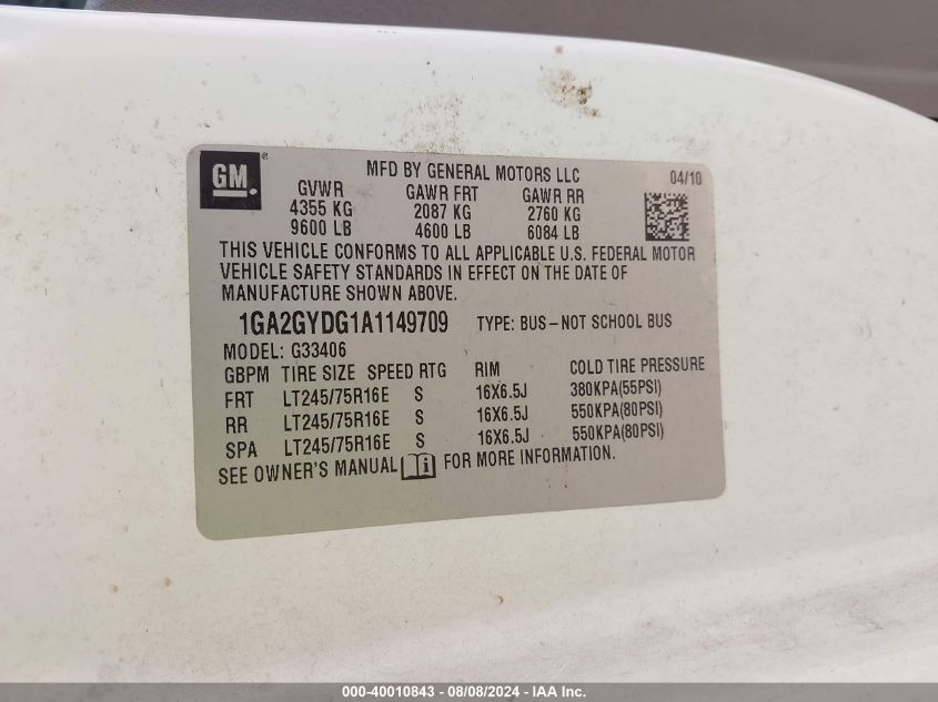 2010 Chevrolet Express 3500 Lt VIN: 1GA2GYDG1A1149709 Lot: 40010843