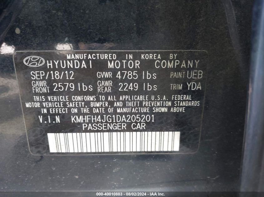 2013 Hyundai Azera VIN: KMHFH4JG1DA205201 Lot: 40010883