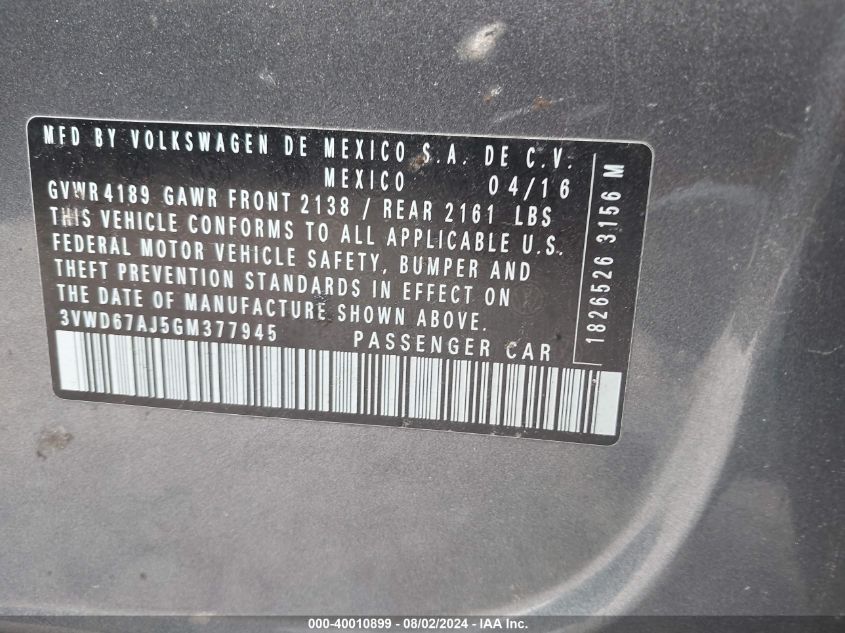 2016 Volkswagen Jetta 1.4T Se VIN: 3VWD67AJ5GM377945 Lot: 40010899