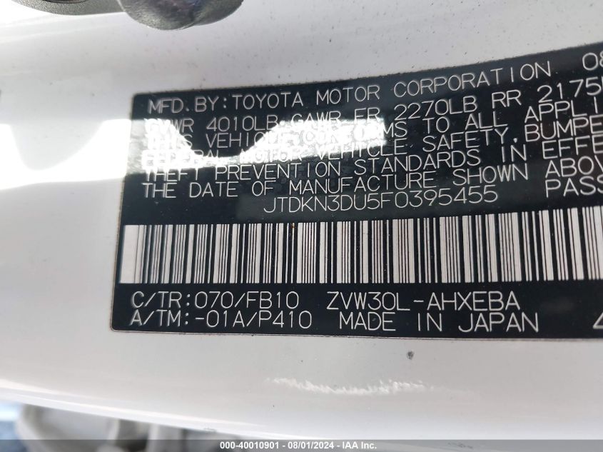 2015 Toyota Prius Two VIN: JTDKN3DU5F0395455 Lot: 40010901