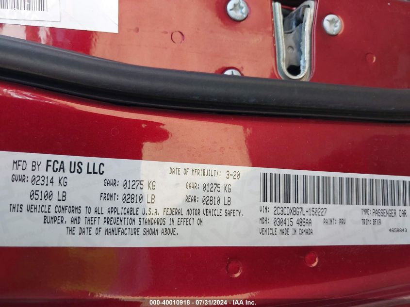 2020 DODGE CHARGER SXT RWD - 2C3CDXBG7LH150227