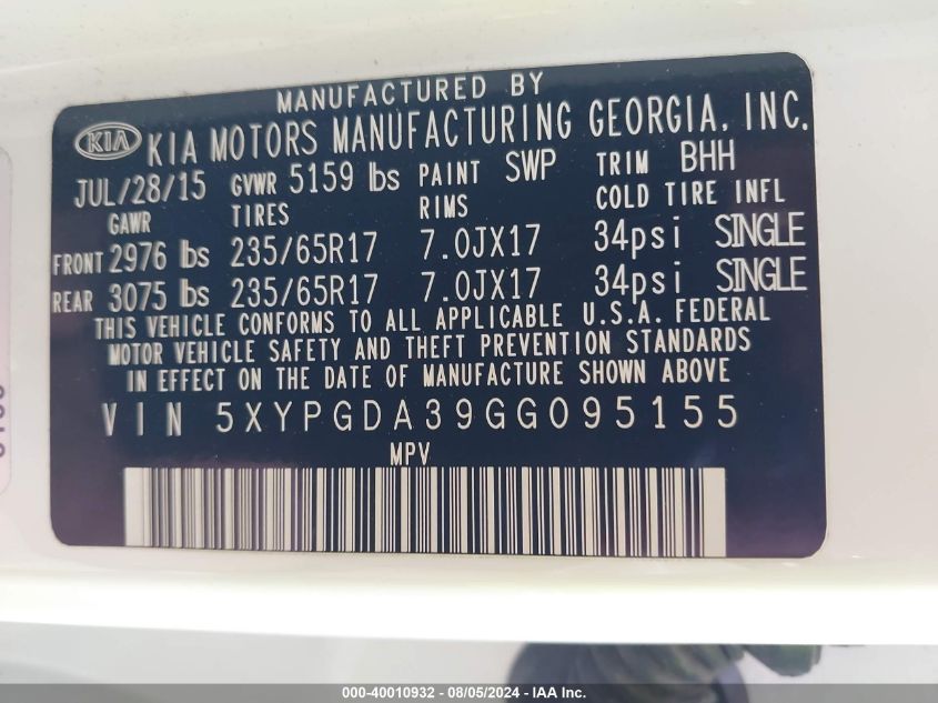 5XYPGDA39GG095155 2016 Kia Sorento 2.4L Lx