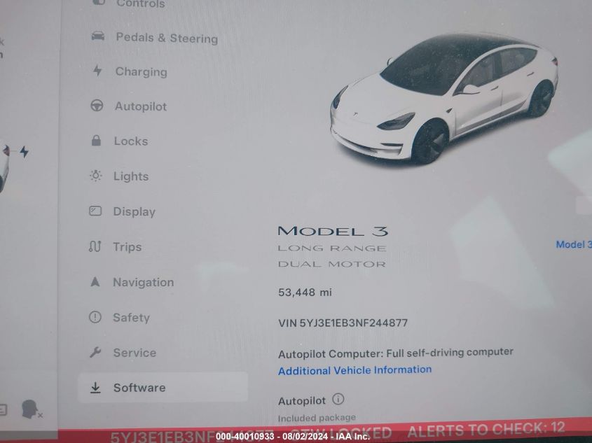 2022 Tesla Model 3 Long Range Dual Motor All-Wheel Drive VIN: 5YJ3E1EB3NF244877 Lot: 40010933