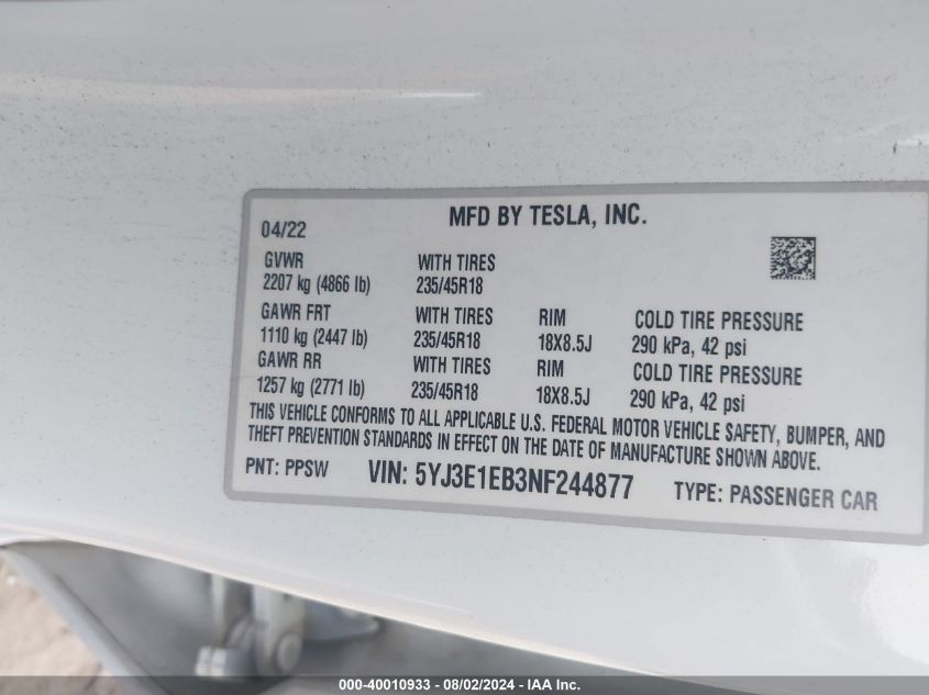 2022 Tesla Model 3 Long Range Dual Motor All-Wheel Drive VIN: 5YJ3E1EB3NF244877 Lot: 40010933