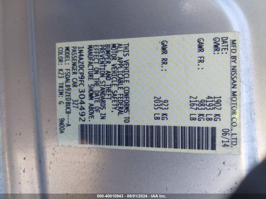 2015 Nissan Leaf S VIN: 1N4AZ0CP9FC304492 Lot: 40010943