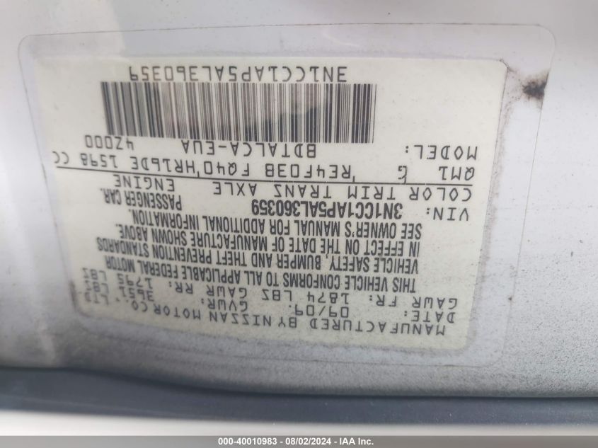 2010 Nissan Versa 1.6 VIN: 3N1CC1AP5AL360359 Lot: 40010983