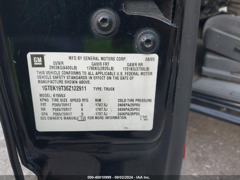 2006 GMC Sierra 1500 Sle1 VIN: 1GTEK19T36Z122911 Lot: 40010999