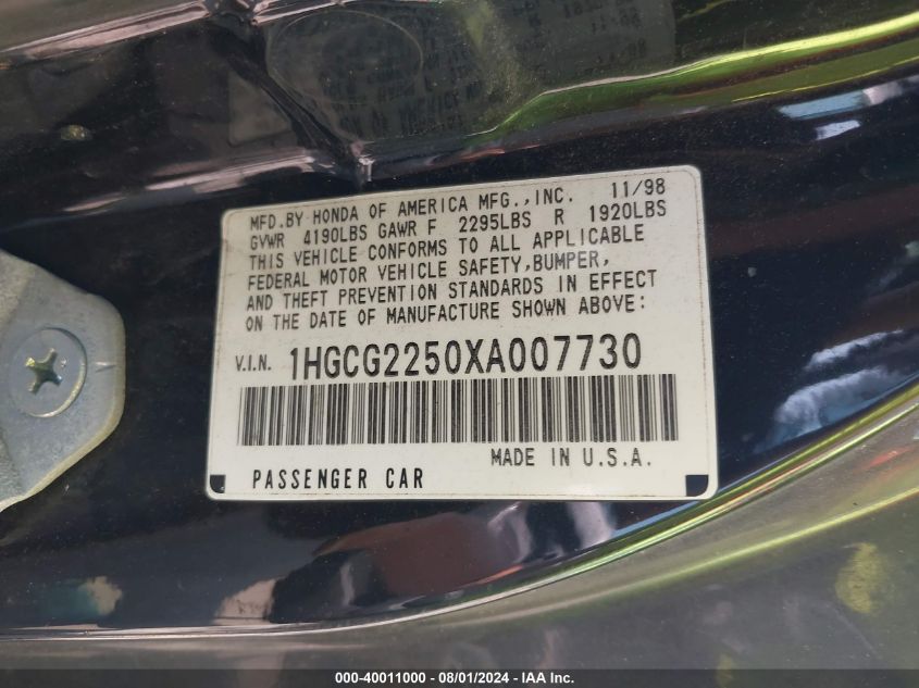 1999 Honda Accord Ex V6 VIN: 1HGCG2250XA007730 Lot: 40011000