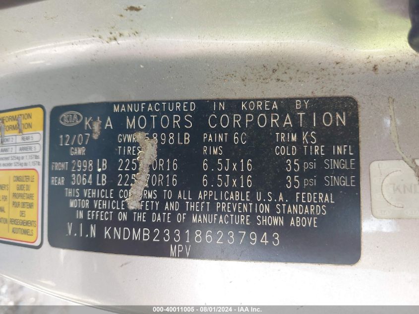 2008 Kia Sedona Lx VIN: KNDMB233186237943 Lot: 40011005