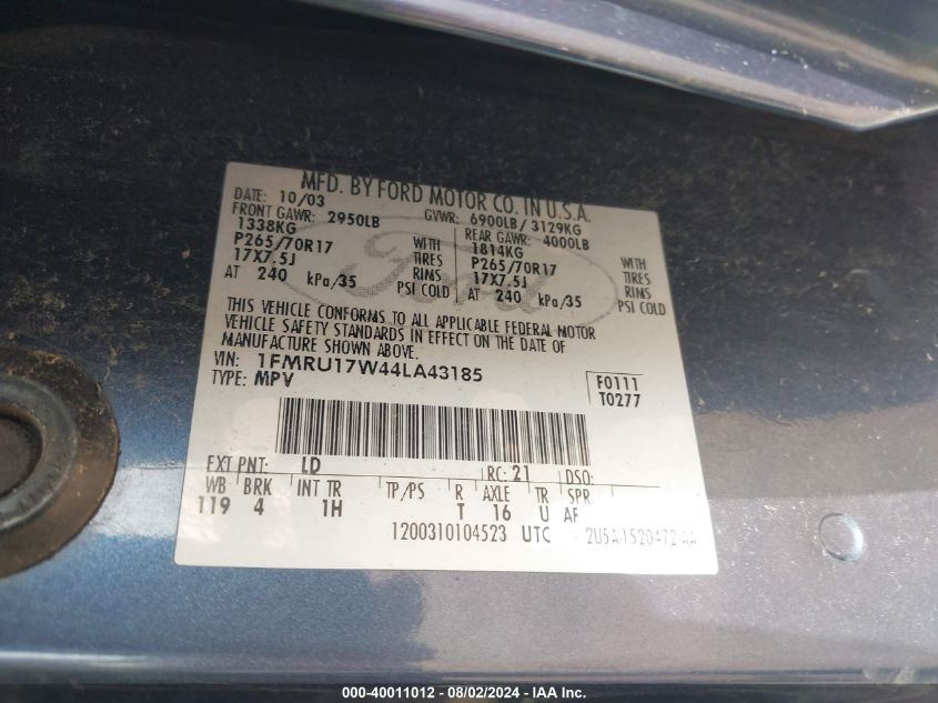 2004 Ford Expedition Eddie Bauer VIN: 1FMRU17W44LA43185 Lot: 40011012