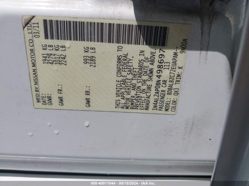 2011 Nissan Altima 2.5 S VIN: 1N4AL2AP0BN498697 Lot: 40011044