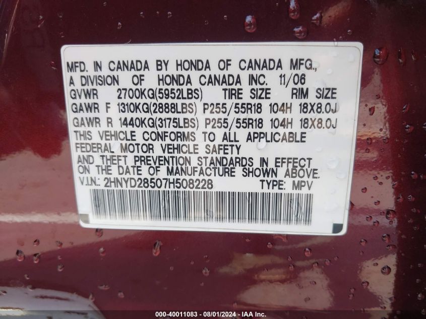 2007 Acura Mdx Sport VIN: 2HNYD28507H508228 Lot: 40011083