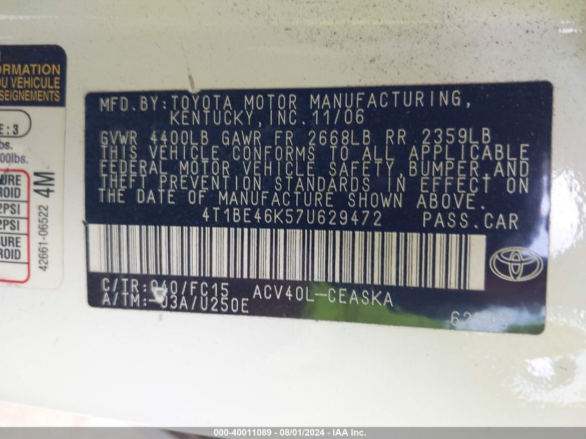 2007 Toyota Camry Se VIN: 4T1BE46K57U629472 Lot: 40011089