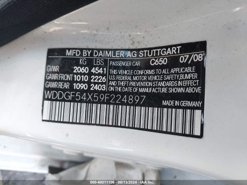 2009 Mercedes-Benz C 300 Luxury/Sport VIN: WDDGF54X59F224897 Lot: 40011106