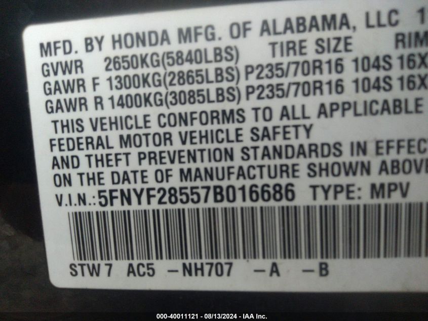 2007 Honda Pilot Ex-L VIN: 5FNYF28557B016686 Lot: 40011121