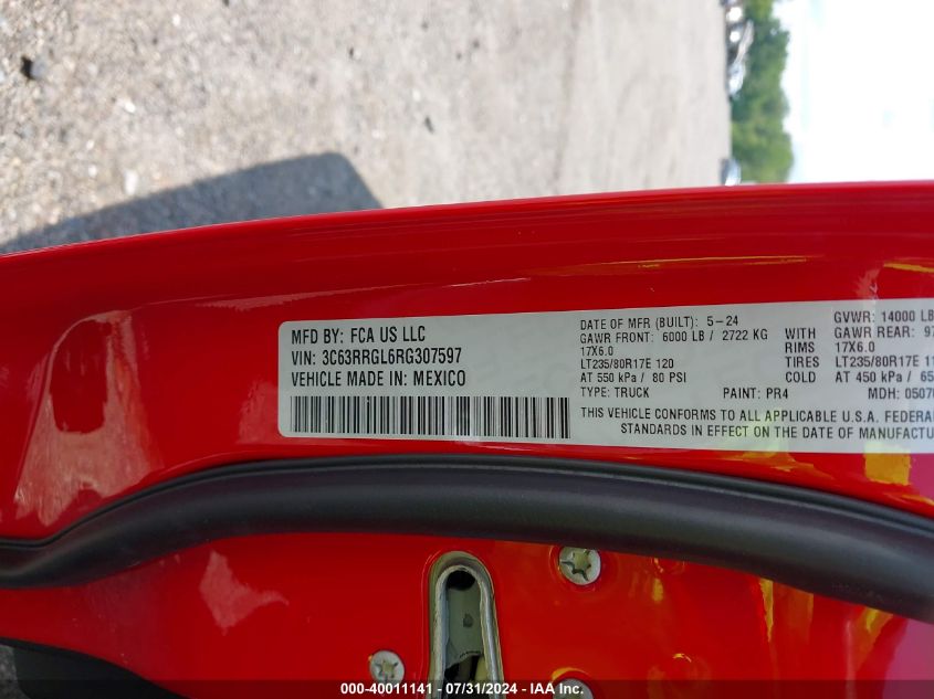 2024 Ram 3500 Tradesman 4X4 8' Box VIN: 3C63RRGL6RG307597 Lot: 40011141