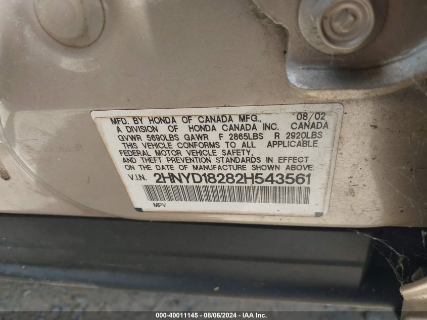 2002 Acura Mdx VIN: 2HNYD18282H543561 Lot: 40011145