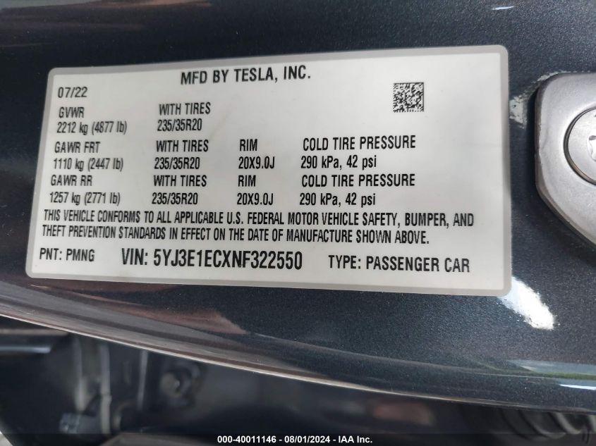 2022 Tesla Model 3 Performance Dual Motor All-Wheel Drive VIN: 5YJ3E1ECXNF322550 Lot: 40011146