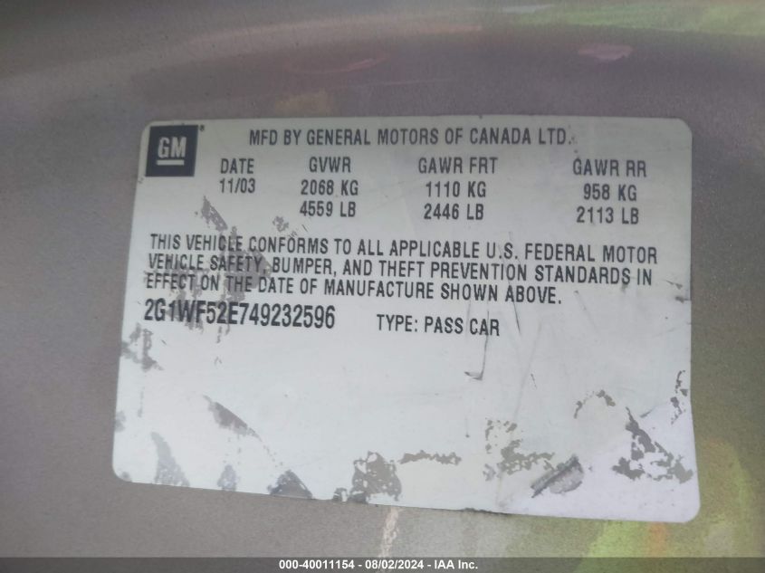 2004 Chevrolet Impala VIN: 2G1WF52E749232596 Lot: 40011154