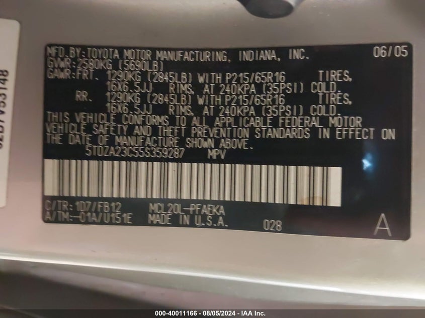 2005 Toyota Sienna Le VIN: 5TDZA23C55S359287 Lot: 40011166