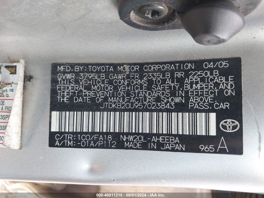 2005 Toyota Prius VIN: JTDKB20U957023843 Lot: 40011210