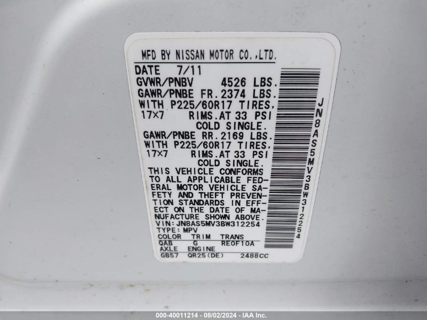 2011 Nissan Rogue Sv VIN: JN8AS5MV3BW312254 Lot: 40011214