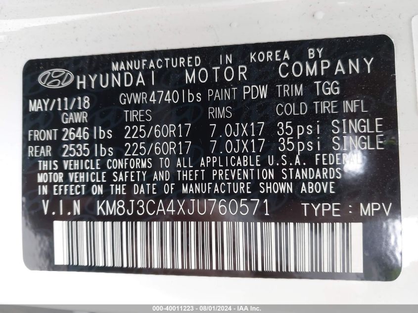 2018 Hyundai Tucson Sel VIN: KM8J3CA4XJU760571 Lot: 40011223