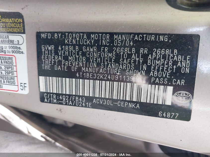 2004 Toyota Camry Le VIN: 4T1BE32K24U911399 Lot: 40011238