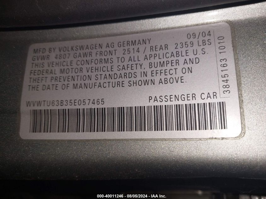 2005 Volkswagen Passat Glx VIN: WVWTU63B35E057465 Lot: 40011246