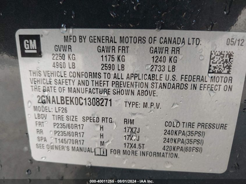 2012 Chevrolet Equinox Ls VIN: 2GNALBEK0C1308271 Lot: 40011255