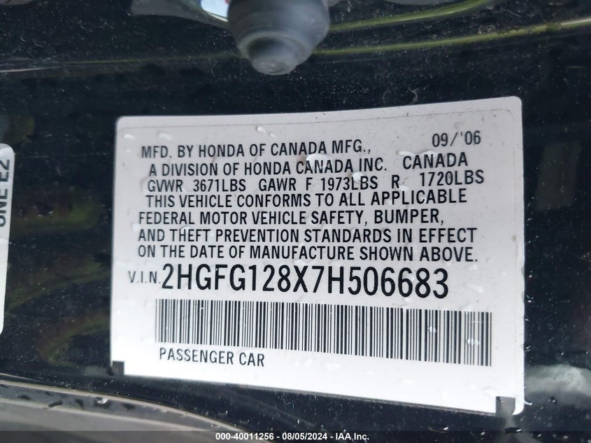 2007 Honda Civic Ex VIN: 2HGFG128X7H506683 Lot: 40011256