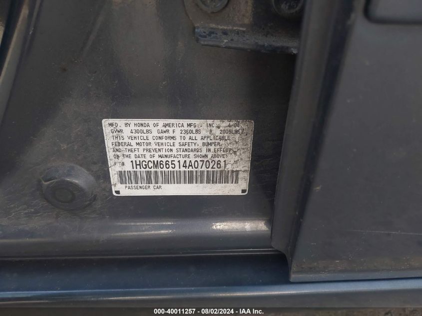 2004 Honda Accord 3.0 Ex VIN: 1HGCM66514A070261 Lot: 40011257