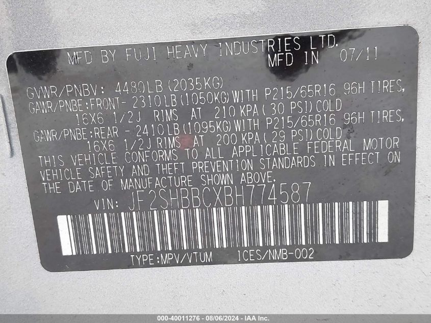 2011 Subaru Forester 2.5X VIN: JF2SHBBCXBH774587 Lot: 40011276