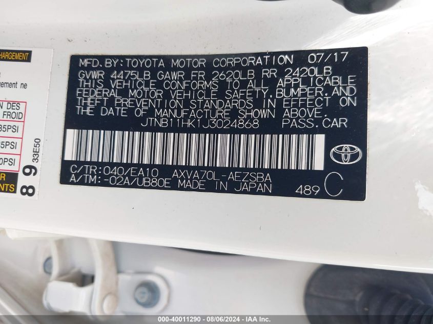 2018 Toyota Camry Se VIN: JTNB11HK1J3024868 Lot: 40011290