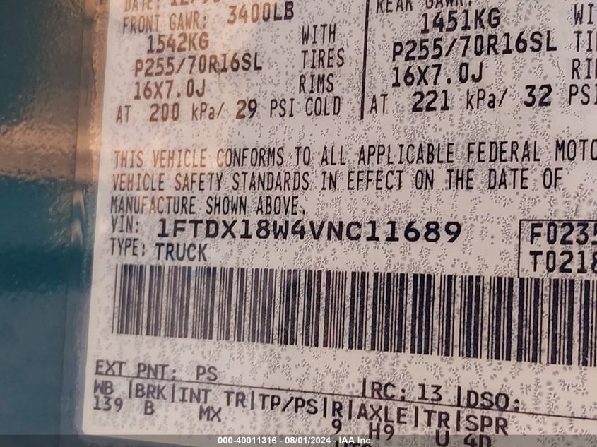 1997 Ford F-150 Lariat/Xl/Xlt VIN: 1FTDX18W4VNC11689 Lot: 40011316