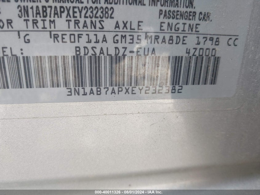 2014 Nissan Sentra Sv VIN: 3N1AB7APXEY232382 Lot: 40011326