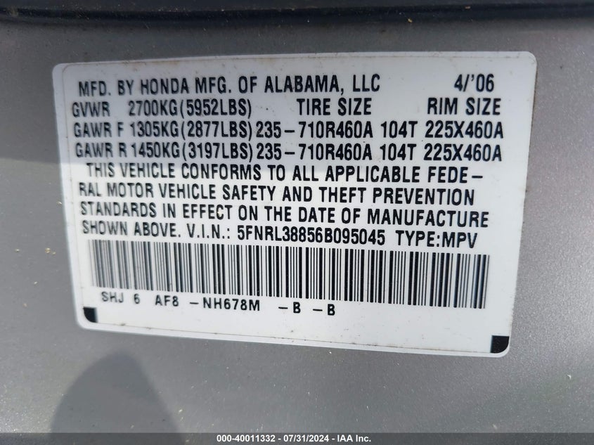 2006 HONDA ODYSSEY VIN: 2HKRW2H87LH230394