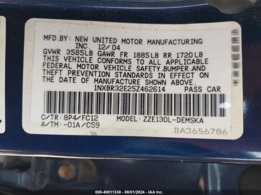 2005 Toyota Corolla S VIN: 1NXBR32E25Z462614 Lot: 40011338