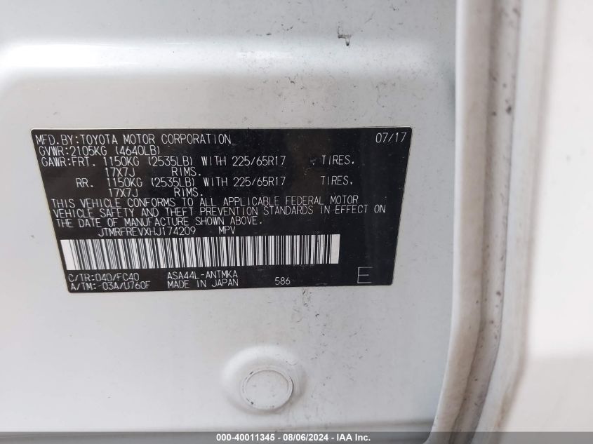 2017 Toyota Rav4 Xle VIN: JTMRFREVXHJ174209 Lot: 40011345