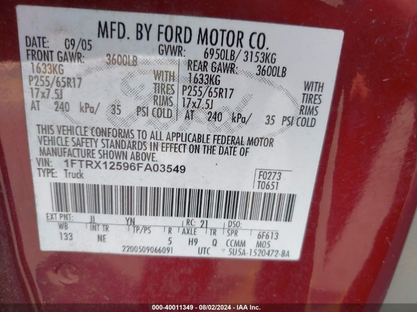 2006 Ford F-150 Lariat/Xl/Xlt VIN: 1FTRX12596FA03549 Lot: 40011349