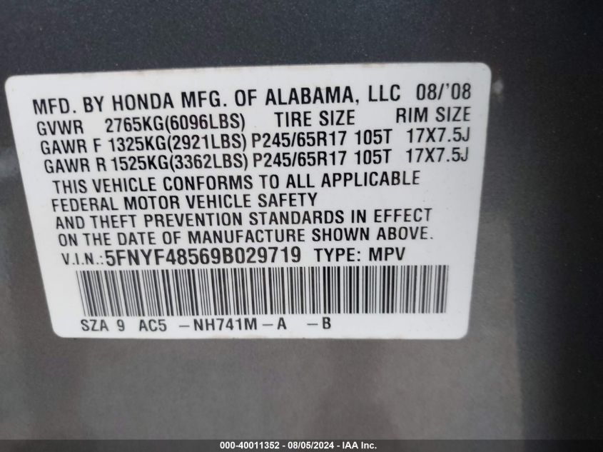 2009 Honda Pilot Ex-L VIN: 5FNYF48569B029719 Lot: 40011352