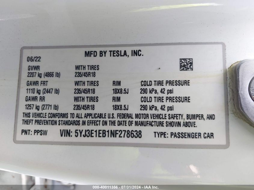 2022 Tesla Model 3 Long Range Dual Motor All-Wheel Drive VIN: 5YJ3E1EB1NF278638 Lot: 40011356